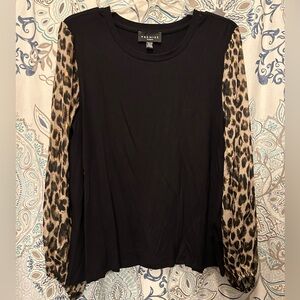 Premise Black and Brown Long Sleeve Blouse w/ sheer leopard sleeves